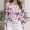 Scoop Neck Floral Mesh Top In Rose