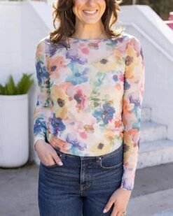 Scoop Neck Floral Mesh Top In Watercolor