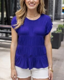 Shirred Smocked Blue Violet Top