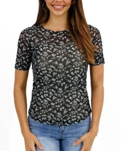 Short Sleeve Mesh Black Ditsy Top -Active Aura Shop ShortSleeveMeshTop BlackDitsy 1