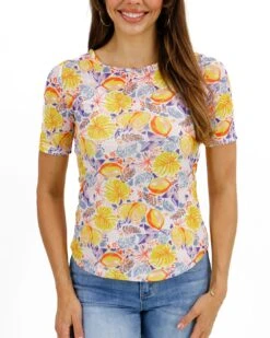 Short Sleeve Mesh Lemon Print Top -Active Aura Shop ShortSleeveMeshTop Lemon 1