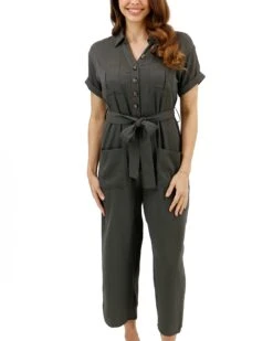 Short Sleeve Utility Army Wide Leg Jumpsuit -Active Aura Shop ShortSleeveUtilityJumpsuit Army 1
