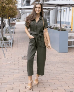 Short Sleeve Utility Army Wide Leg Jumpsuit -Active Aura Shop ShortSleeveUtilityJumpsuit Army 5