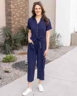 Short Sleeve Utility Navy Wide Leg Jumpsuit -Active Aura Shop ShortSleeveUtilityJumpsuit Navy 4