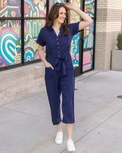 Short Sleeve Utility Navy Wide Leg Jumpsuit -Active Aura Shop ShortSleeveUtilityJumpsuit Navy 7