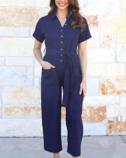 Short Sleeve Utility Navy Wide Leg Jumpsuit