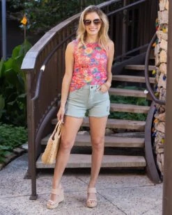 Sleeveless Mesh Coral Floral Tank -Active Aura Shop SleevelessMeshTank CoralFloral 9