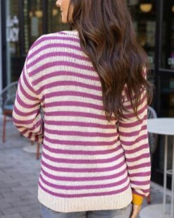Berry Striped V-Neck Sweater -Active Aura Shop SlouchyStripedVNeckSweater BerryStripe 1