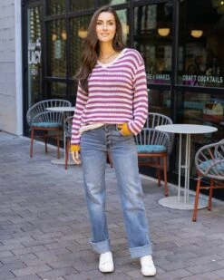 Berry Striped V-Neck Sweater -Active Aura Shop SlouchyStripedVNeckSweater BerryStripe 11