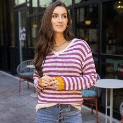 Berry Striped V-Neck Sweater -Active Aura Shop SlouchyStripedVNeckSweater BerryStripe 15
