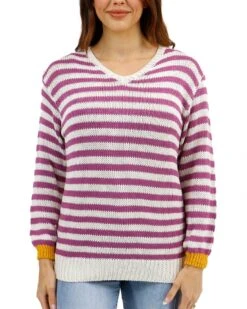 Berry Striped V-Neck Sweater -Active Aura Shop SlouchyStripedVNeckSweater BerryStripe 2
