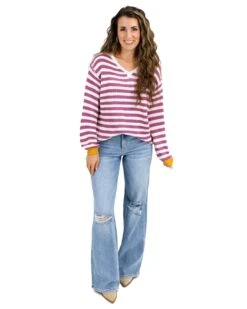 Berry Striped V-Neck Sweater -Active Aura Shop SlouchyStripedVNeckSweater BerryStripe 6