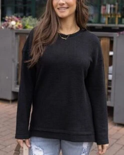 Slouchy Black Waffle Pullover