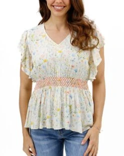 Smocked Flutter Sleeve Top In Watercolor Floral -Active Aura Shop SmockedFlutterSleeveTop 1