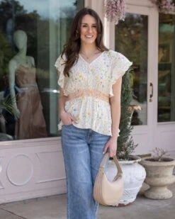 Smocked Flutter Sleeve Top In Watercolor Floral -Active Aura Shop SmockedFlutterSleeveTop 6