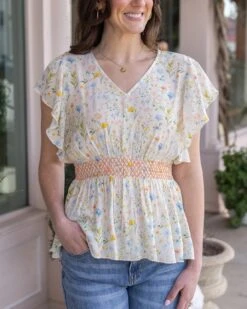 Smocked Flutter Sleeve Top In Watercolor Floral