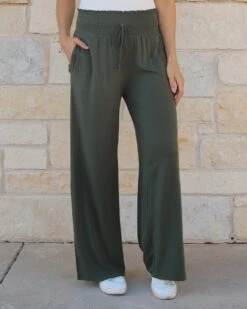 Smocked Wide Leg Olive Lounge Pants