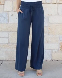 Smocked Wide Leg Smoke Blue Lounge Pants