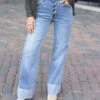 Straight Leg Cuffed Mid-Wash Jeans