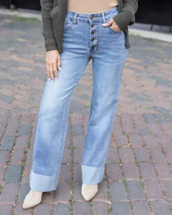 Straight Leg Cuffed Mid-Wash Jeans