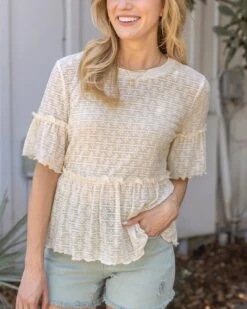 Cream Stretch Lace Peplum Top
