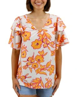 Orange Floral Summer Breeze Blouse -Active Aura Shop SummerBreezeBlouse OrangeFloral 1