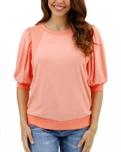 Two-Toned Coral Puff Sleeve Top -Active Aura Shop TwoTonedPuffSleeveTop Coral 1