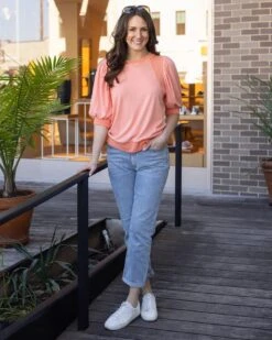 Two-Toned Coral Puff Sleeve Top -Active Aura Shop TwoTonedPuffSleeveTop Coral 3