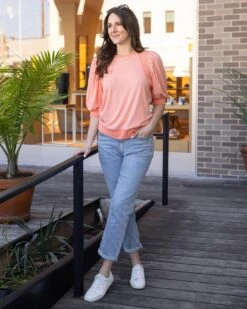 Two-Toned Coral Puff Sleeve Top -Active Aura Shop TwoTonedPuffSleeveTop Coral 4