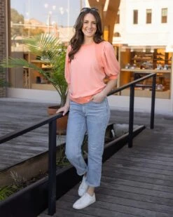 Two-Toned Coral Puff Sleeve Top -Active Aura Shop TwoTonedPuffSleeveTop Coral 5