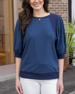Two-Toned Dusty Blue Puff Sleeve Top
