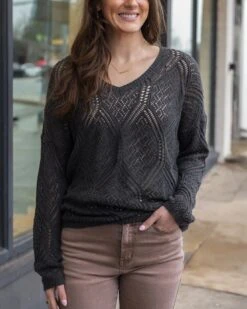 V-Neck Charcoal Pointelle Sweater