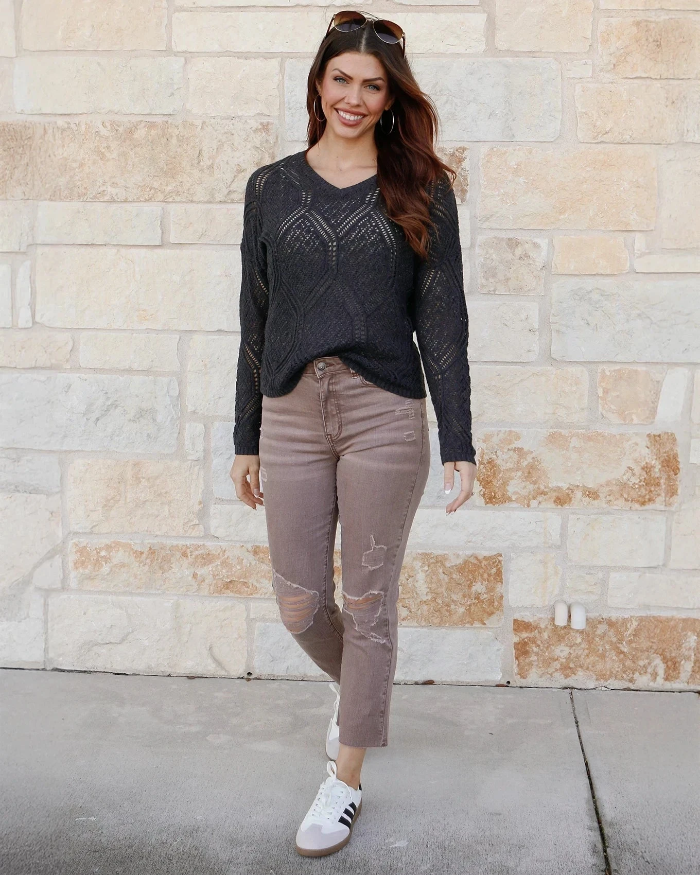 V-Neck Charcoal Pointelle Sweater 4 V-Neck Charcoal Pointelle Sweater - Image 2