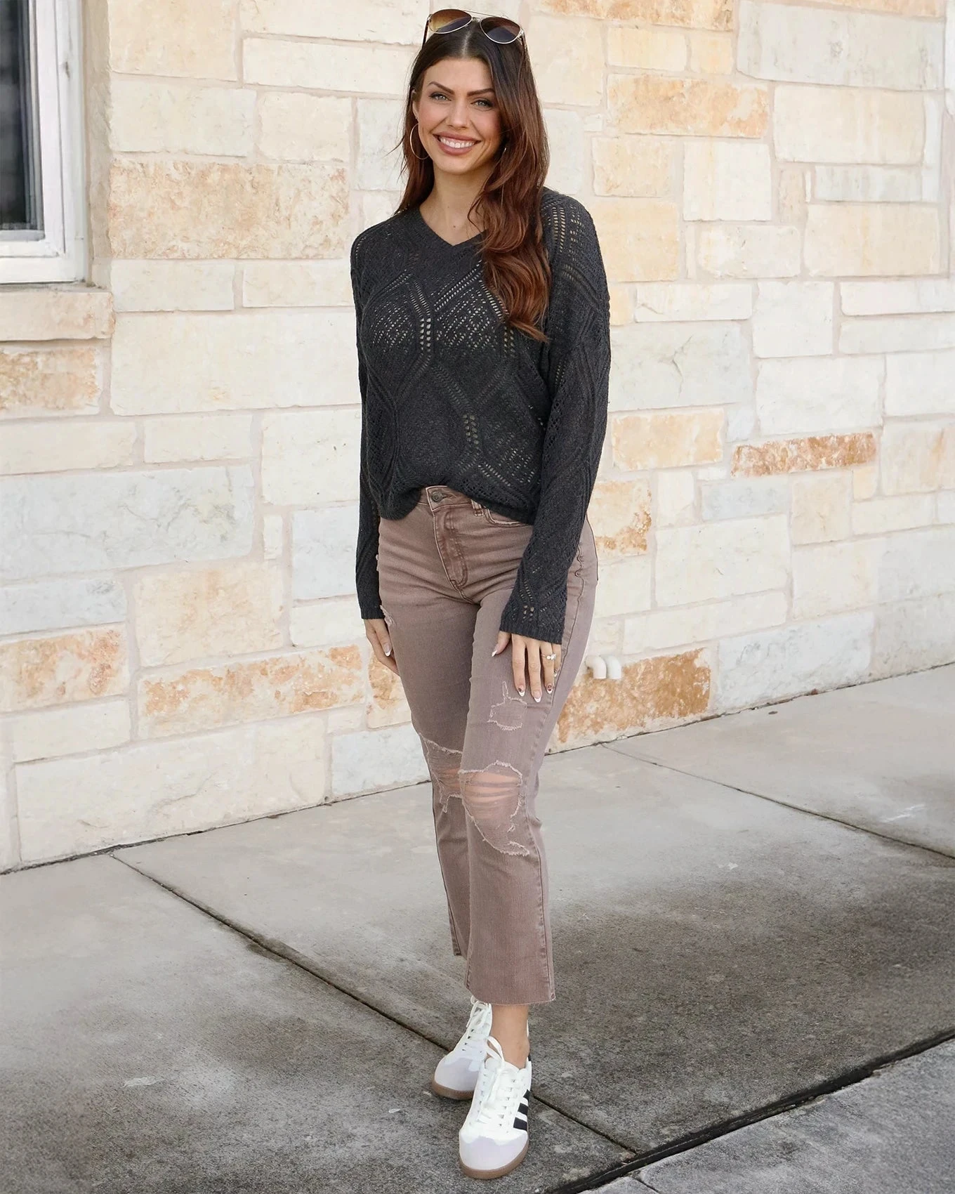 V-Neck Charcoal Pointelle Sweater 6 V-Neck Charcoal Pointelle Sweater - Image 4