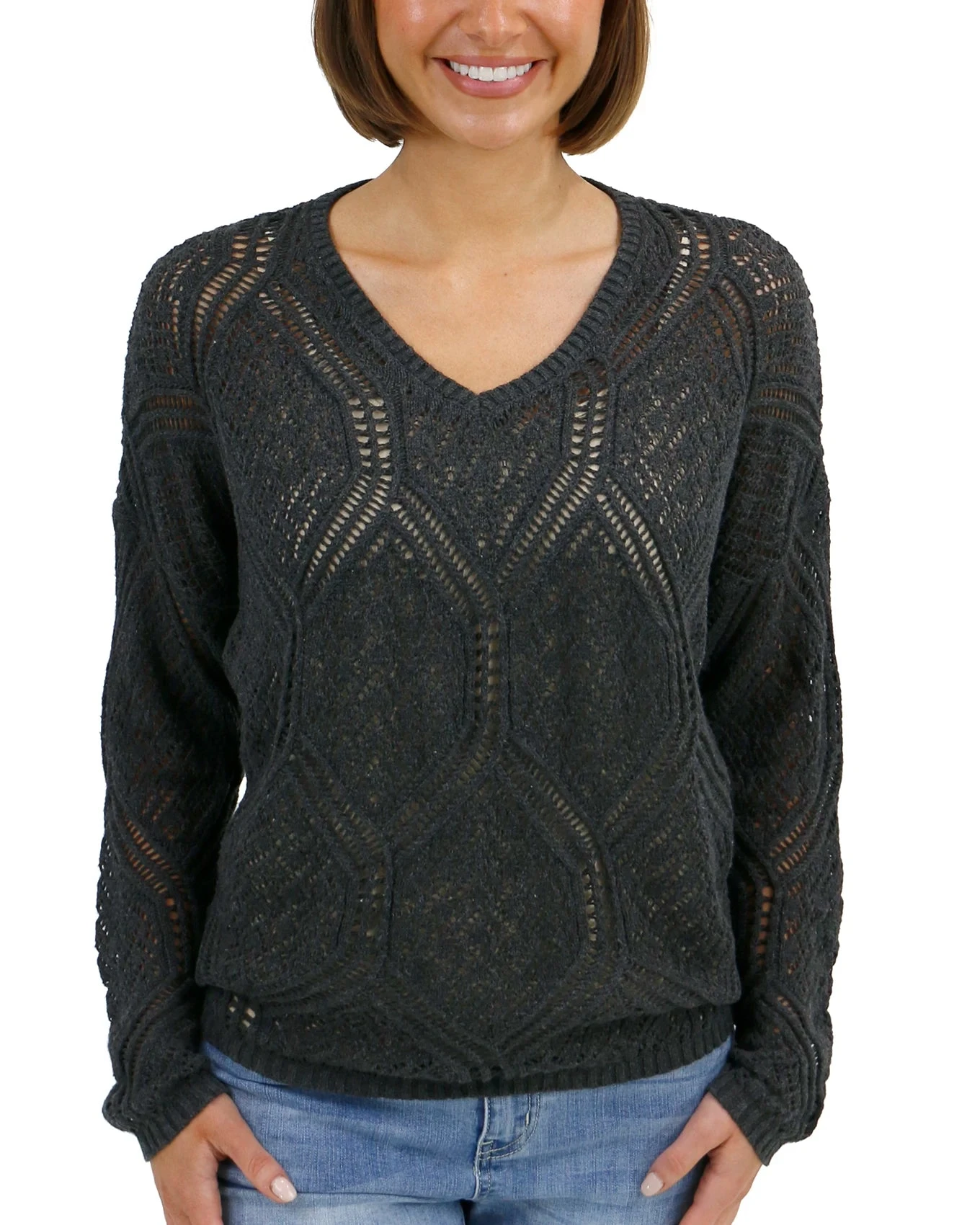 V-Neck Charcoal Pointelle Sweater 9 V-Neck Charcoal Pointelle Sweater - Image 7