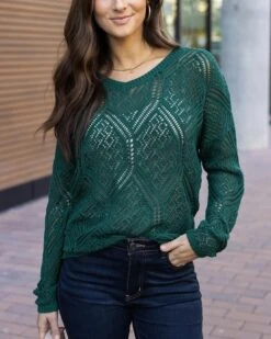 V-Neck Jade Green Pointelle Sweater