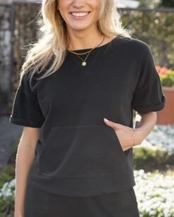 Washed Black French Terry Short Sleeve Sweatshirt