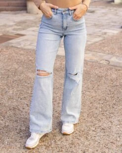 Wide Leg Premium Denim In Distressed Light-Wash