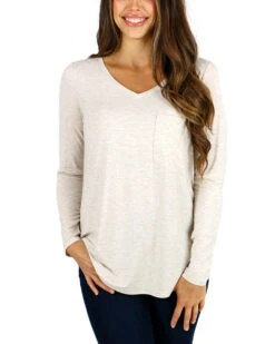 Long Sleeve Perfect Pocket Tee In Oatmeal - FINAL SALE -Active Aura Shop long sleeve ppt oatmeal