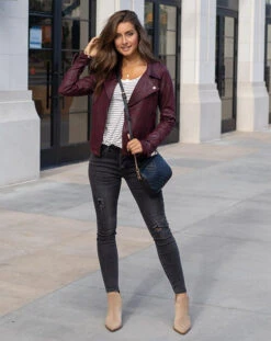 Move Free Leather Like Bordeaux Moto Jacket -Active Aura Shop move free moto jacket bordeaux 6