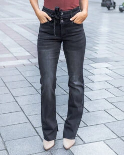 Waist Tie Flares In Washed Black - FINAL SALE